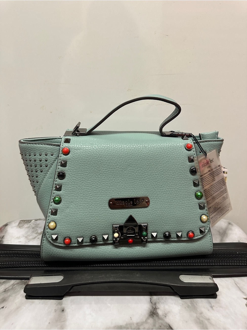 Nicole Lee light blue Studded Top-Handle Satchel with Multicolor Accents